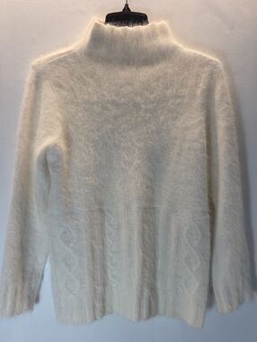 Bloomingdale's Rabbit Hair Blend Cream Cable-Panel Mock Neck Sweater Size S